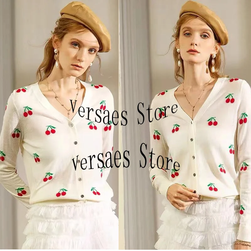 

21 luxury design high-end cherry fashion women's long sleeved cardigan temperament versatile V-neck single breasted knitted coat