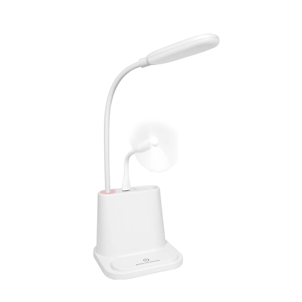 white with fan USB Перезаряжаемый Светодиодный настольный светильник, сенсорная регулировка яркости, настольная лампа, держатель для телефона, светильник для чтения с вентиляторной щеткой, лампа для горшка - Цвет корпуса: white with fan