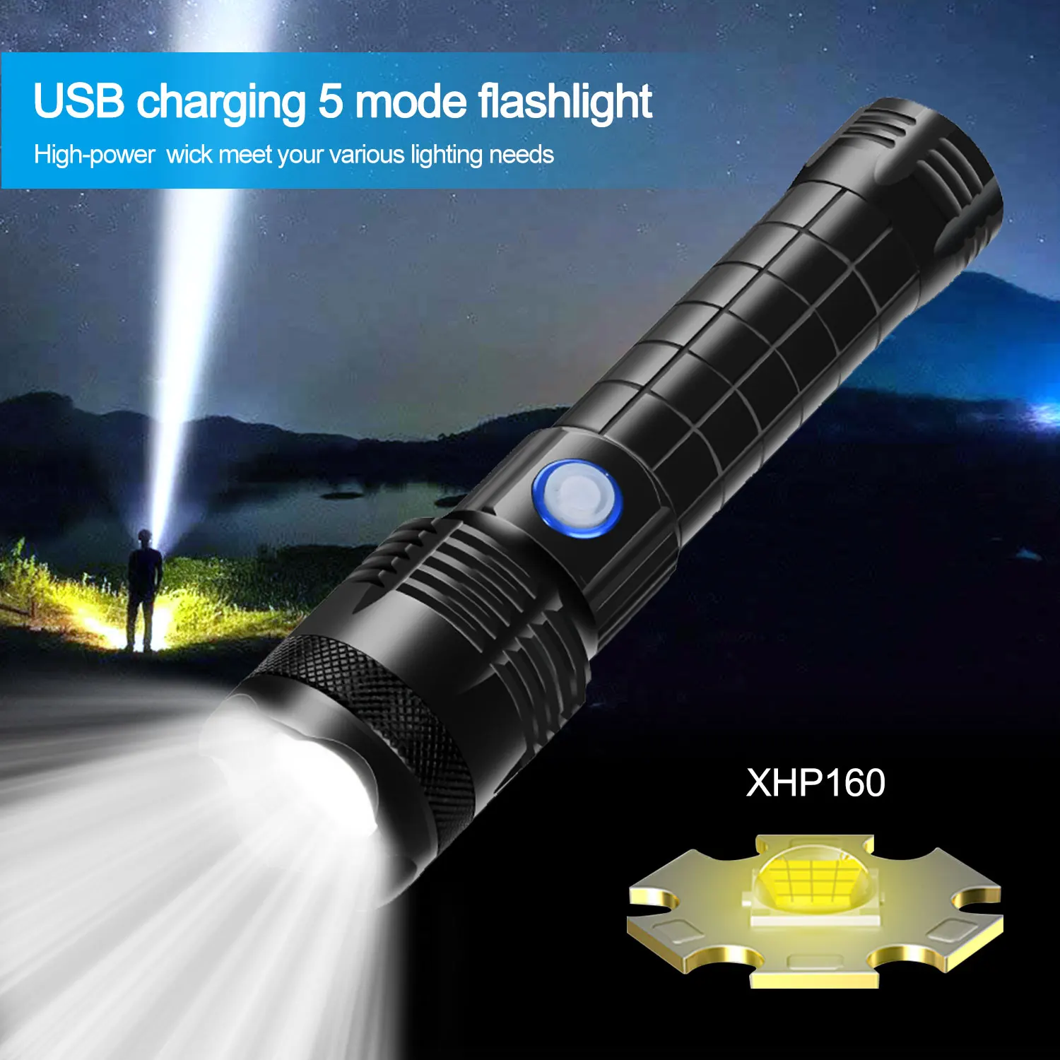 

Bright LED Flashlight XHP160 Strong Tactical Lantern USB Charging Lamp 5 Modes Torch for Outdoor Camping Hiking Fishing Hunting