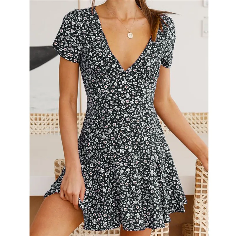 

hirigin Fashion Women Short Sleeve Wrap Boho Floral Mini Dress Ladies Summer Holiday Party Sundress Female vestidos