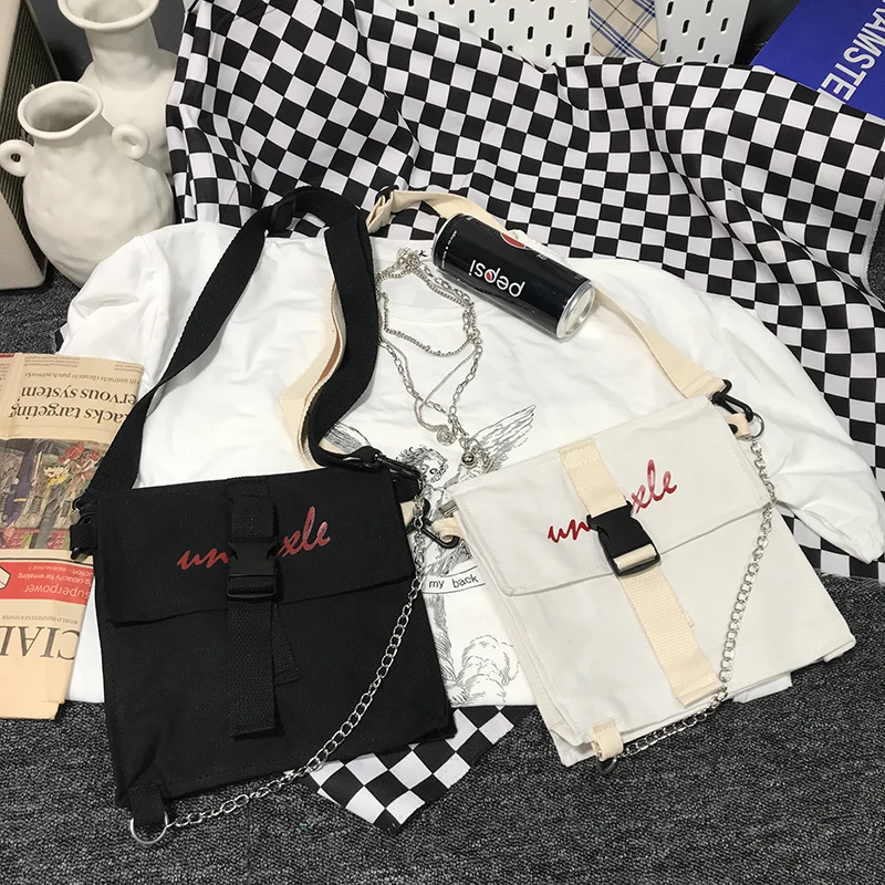 Летняя новинка, ulzzang, Harajuku, уличная, хип-хоп, на цепочке, Холщовая Сумка, женская, модная, простая, на молнии, повседневная, женская сумка-мессенджер