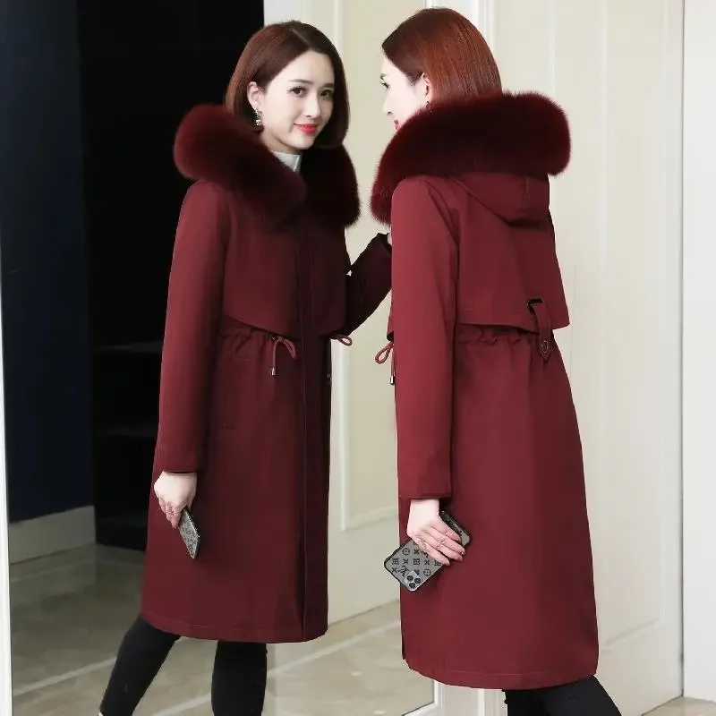 2021 New Parka Jacket Women's Autumn And Winter Long Haining Imitation Fur Coat Imitation Fox Fur Collar Windbreaker Femme W321