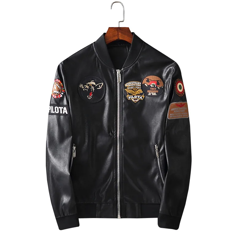 

Pilot Embroidery PU 2021 Jackets Men Black High Street Stand Neck Zipper Rib Sleeve Streetwear Motorcycle Faux Leather Coats