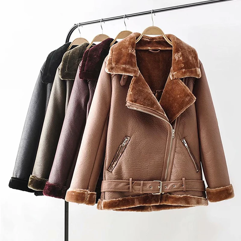 

European and United State Style Women Fur Leather Jacket Autumn and Winter Thick Warm Velvet One Fur Shearling Coats Woman A078