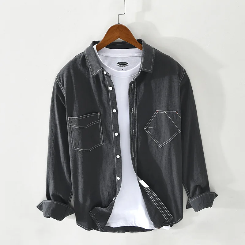 2021 Spring Summer New Men's Casual Cotton Vintage Long Sleeve Shirt
