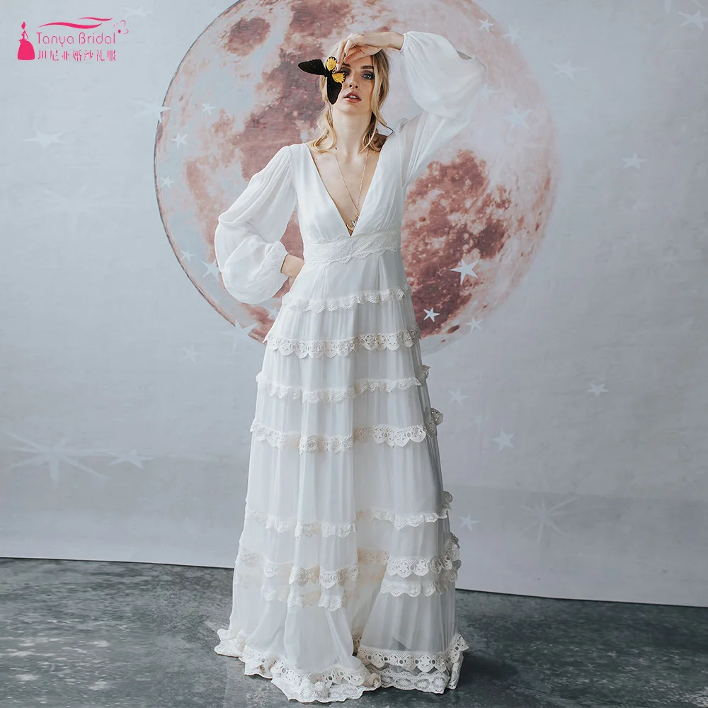 

Lantern Long Sleeve Wedding Dresses V-Neck Backless Bridal Gowns Chiffon Bohemian Robe De Soriee Chic ZW539