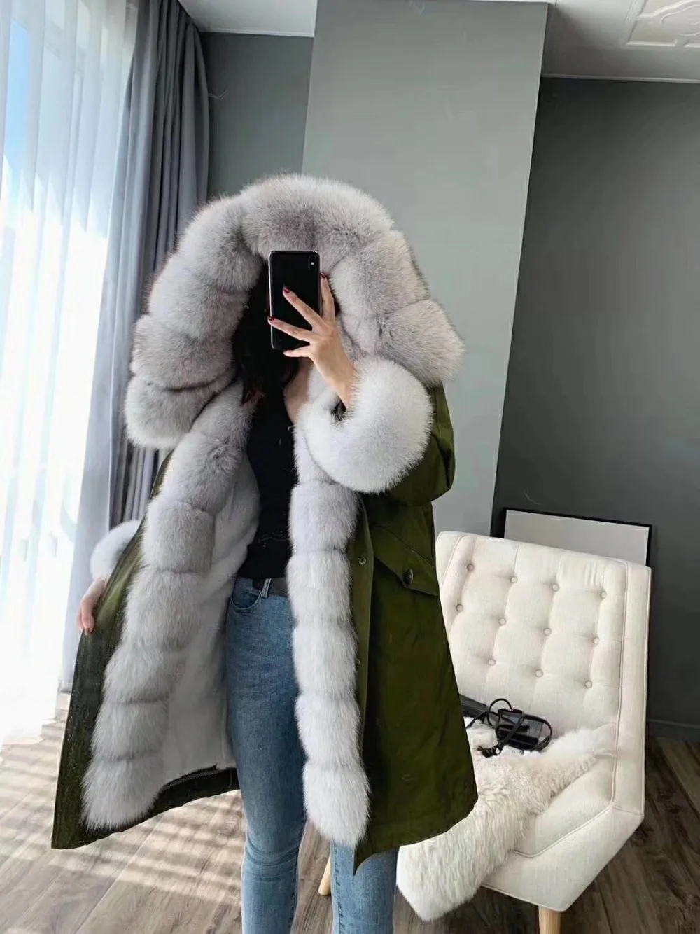 Пальто из натурального меха зимняя куртка женская длинная парка натуральный Лисий меховой капюшон, воротник Рекс подкладка из кроличьего меха Съемная уличная