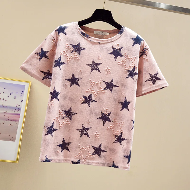 

Summer new fashion Creative Five-pointed star printing short-sleeve T-shirt female loose Casual Hole Breathable women's tops