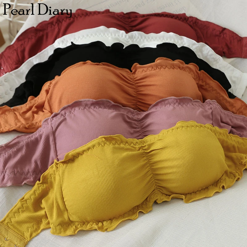 

Pearl Diary Knit Solid Tube Top Women Underwear Strapless Boob Tube Soft Stretchy Frill Trim Bra Top Front Ruched Beach Tube