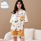 Летние трикотажные хлопковые Пижамные комплекты с героями мультфильмов, женские пижамы, одежда для сна, ночная рубашка, пижама, Женские клетчатые шорты, штаны, модная домашняя одежда