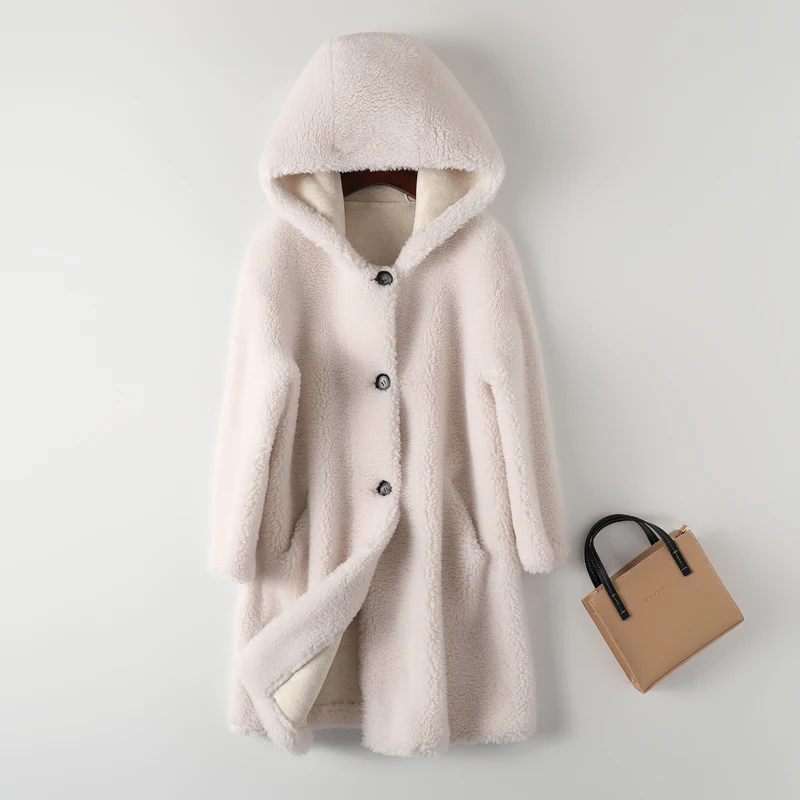 Women 2020 Winter New Real Lamb Fur Coat Female Genuine Granular Sheep Shearing Jacket Ladies Casual Warm Hooded Outerwear M148