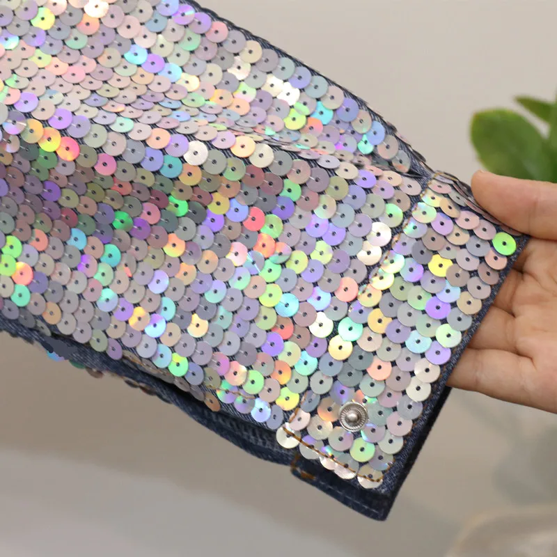 

Women Sequined Long Sleeve Jacket Coats Print Cartoon Pattern Single Breasted Denim Jackets Outwear for Female Woman