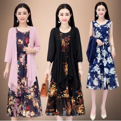 Boho Clothing Print Two Piece Dress 2020 Retro Women Summer Elegant Luxury Ethnic Office Wear Long Chiffon HJ127 | Женская одежда