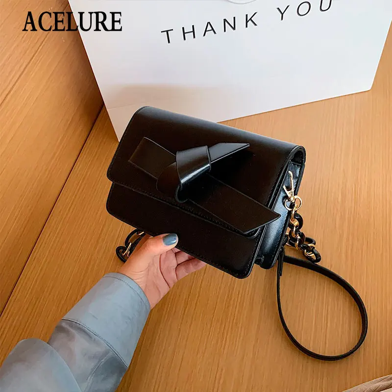

ACELURE Metal Chain Strap Small Shoulder Bags for Women Solid Color Cover Crossbody Bags Female PU Leather Shopping Bag Purse