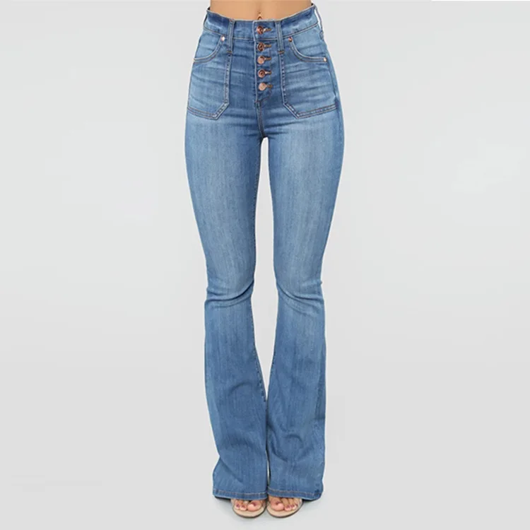

HAOOHU 2020 new women's jeans pants fashion trends street casual solid high waist slim elegant solid denim full Flare Pants