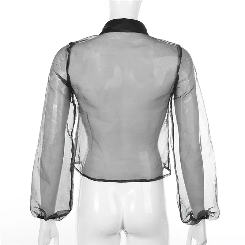 Осенняя шикарная Просвечивающая женская блуза с пышными рукавами в сеточку