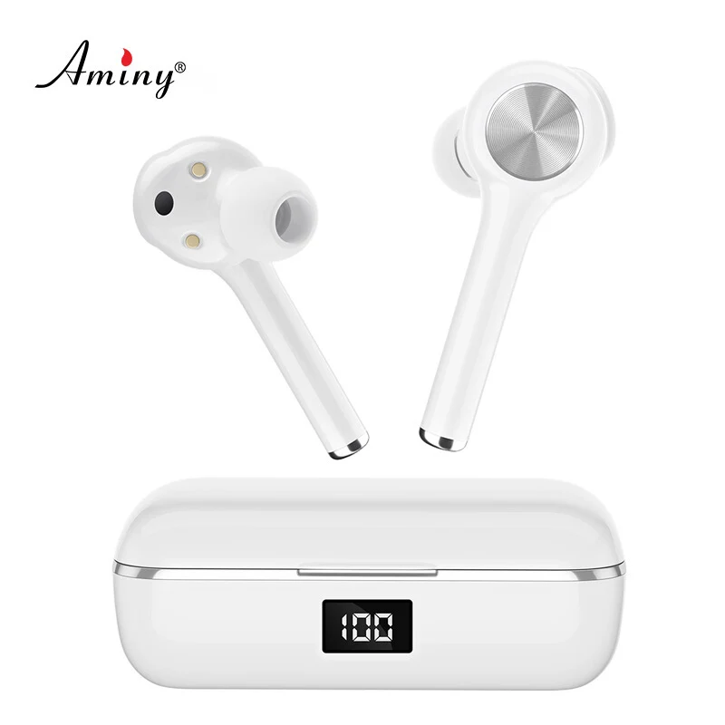 Белый Aminy TWS, Bluetooth 5,0, настоящие беспроводные наушники, Hi-Fi стерео наушники, Спортивные Беспроводные наушники с дисплеем для зарядки аккумулятора - Цвет: Белый