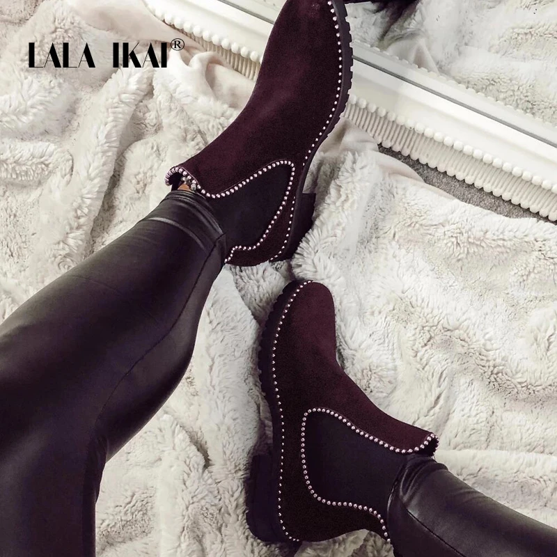 LALA IKAI Ankle Boots Women Winter Outdoor Leopard Flock Warm Shoes Female Mid Heels Casual Slip-On zapatos de mujer XWA9587-4 | Обувь