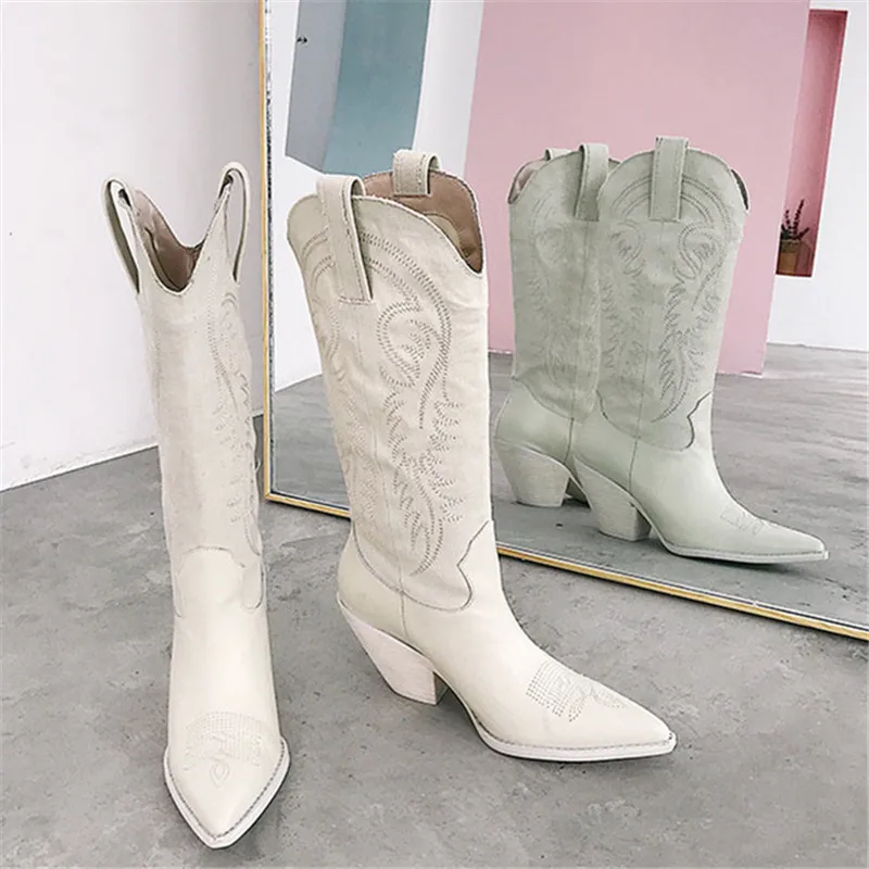 Женские сапоги до колена в западном стиле рыцарские боевые длинные с вышивкой