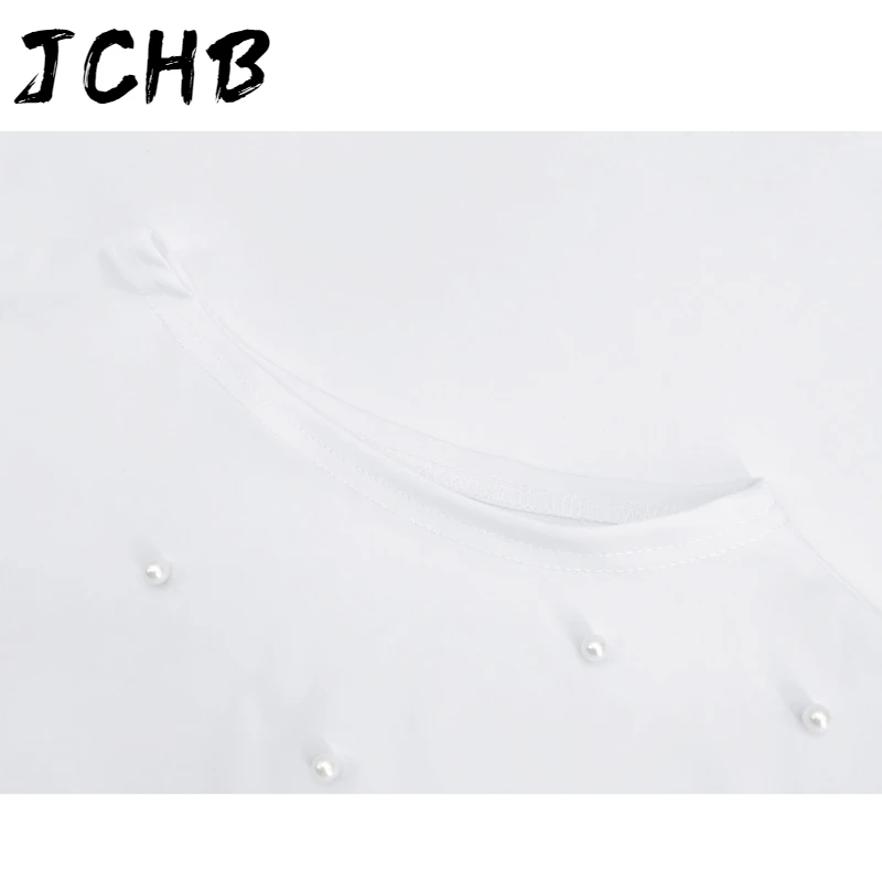 

White Women Tshirts 2021 Casual O Neck Short Sleeve Beading Decor Irregular Hem Solid T-shirts Female Summer Loose Pullover Tops