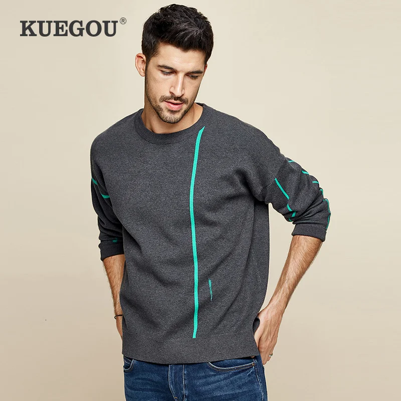 KUEGOU 2019 Осенний серый свитер с вышитыми буквами Мужской пуловер повседневный