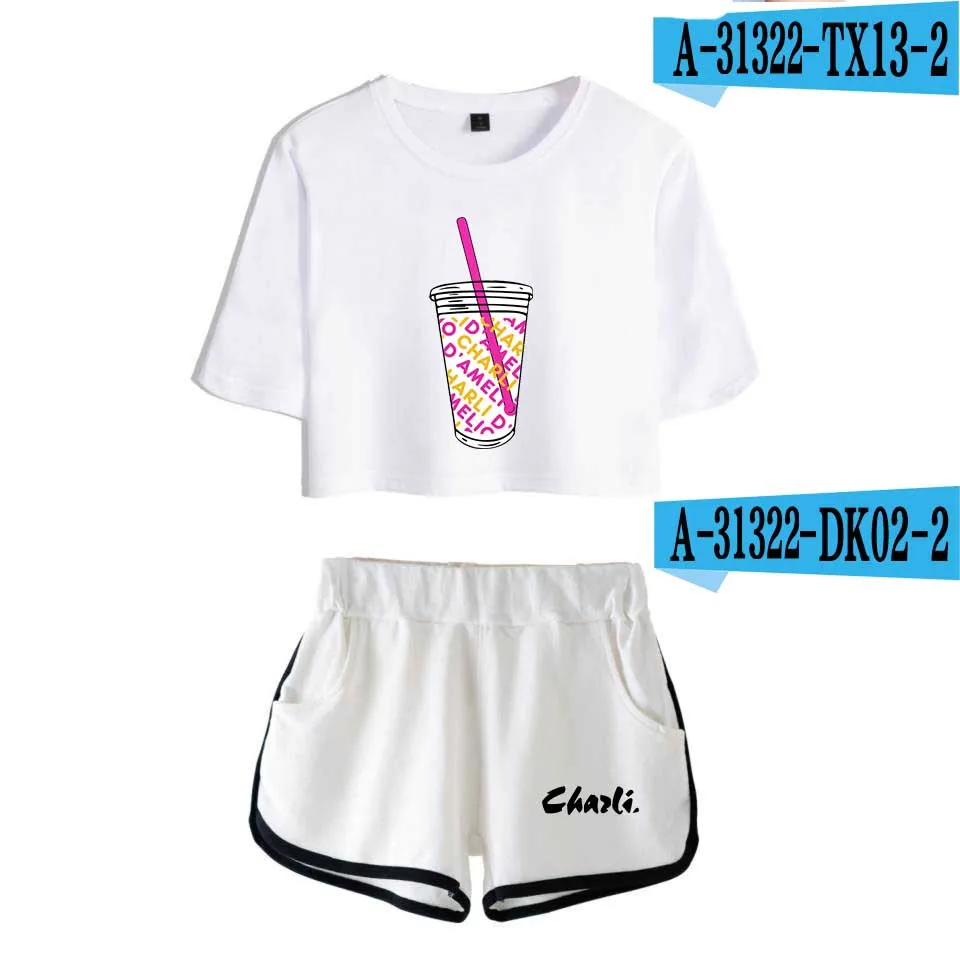 

Hot Sale Women's Two Piece Shorts + Cute T-shirt Harajuku Print Flower Ice Coffee Splash Charli Damelio Girl Set