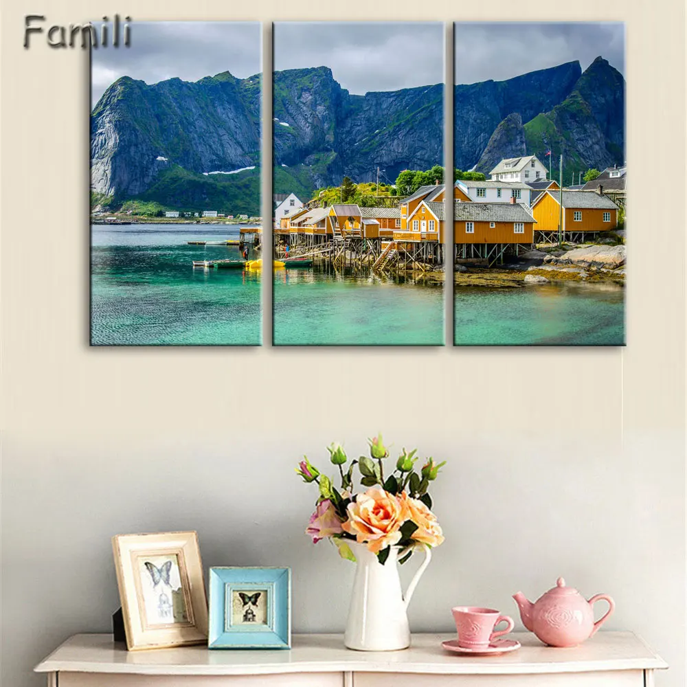 3 шт. Холст Искусство здание Норвегия фьорд горы здания панорама домашний декор