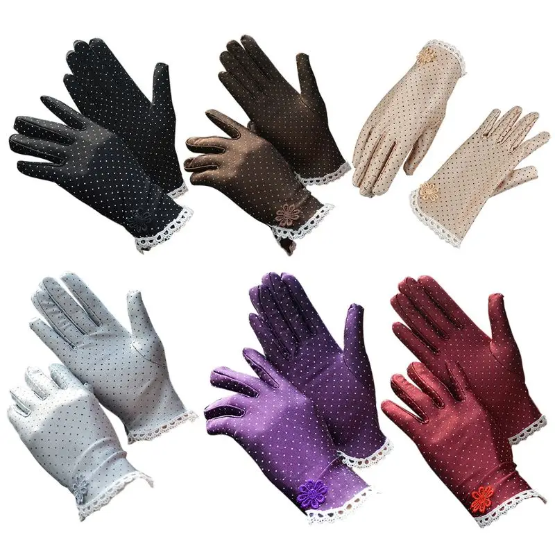 

Women UV Protection Short Gloves Floral Lace Polka Dot Sunscreen Driving Mittens T5UF