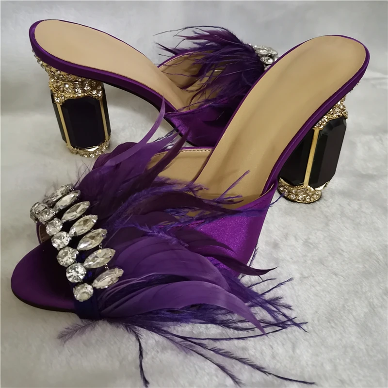 

Chic 2020 Luxury Satin High Heel Shoes Woman Jeweled Diamond Heel Crystal Feather Open Toe Rhinestone Slippers Women