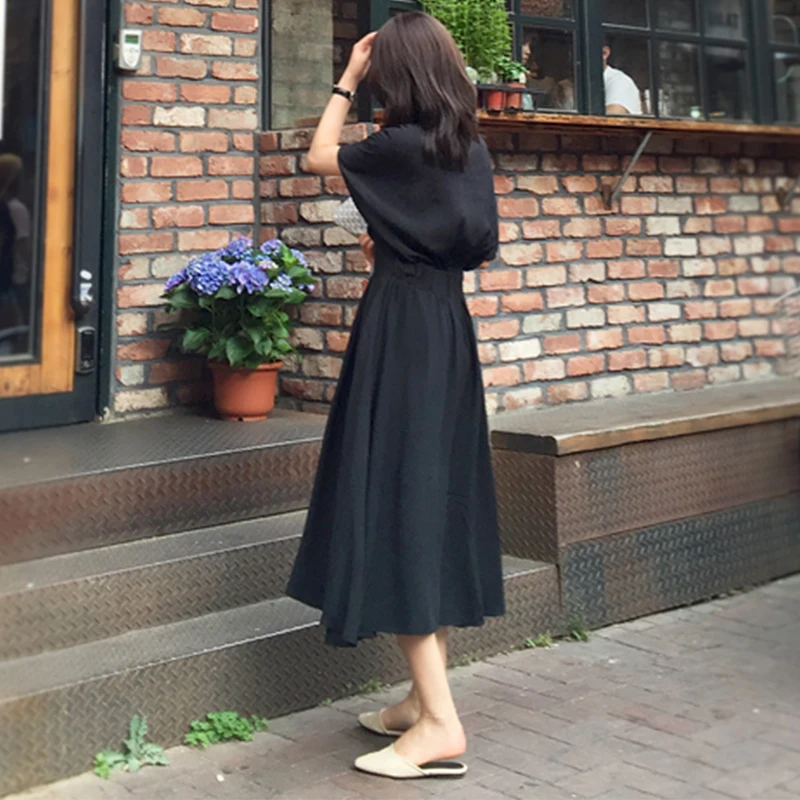 

Summer Dress Women Casual Elegant Office Ladies Vintage Women Midi Dresses Black Loose High Waist Solid Female Fashion Dress