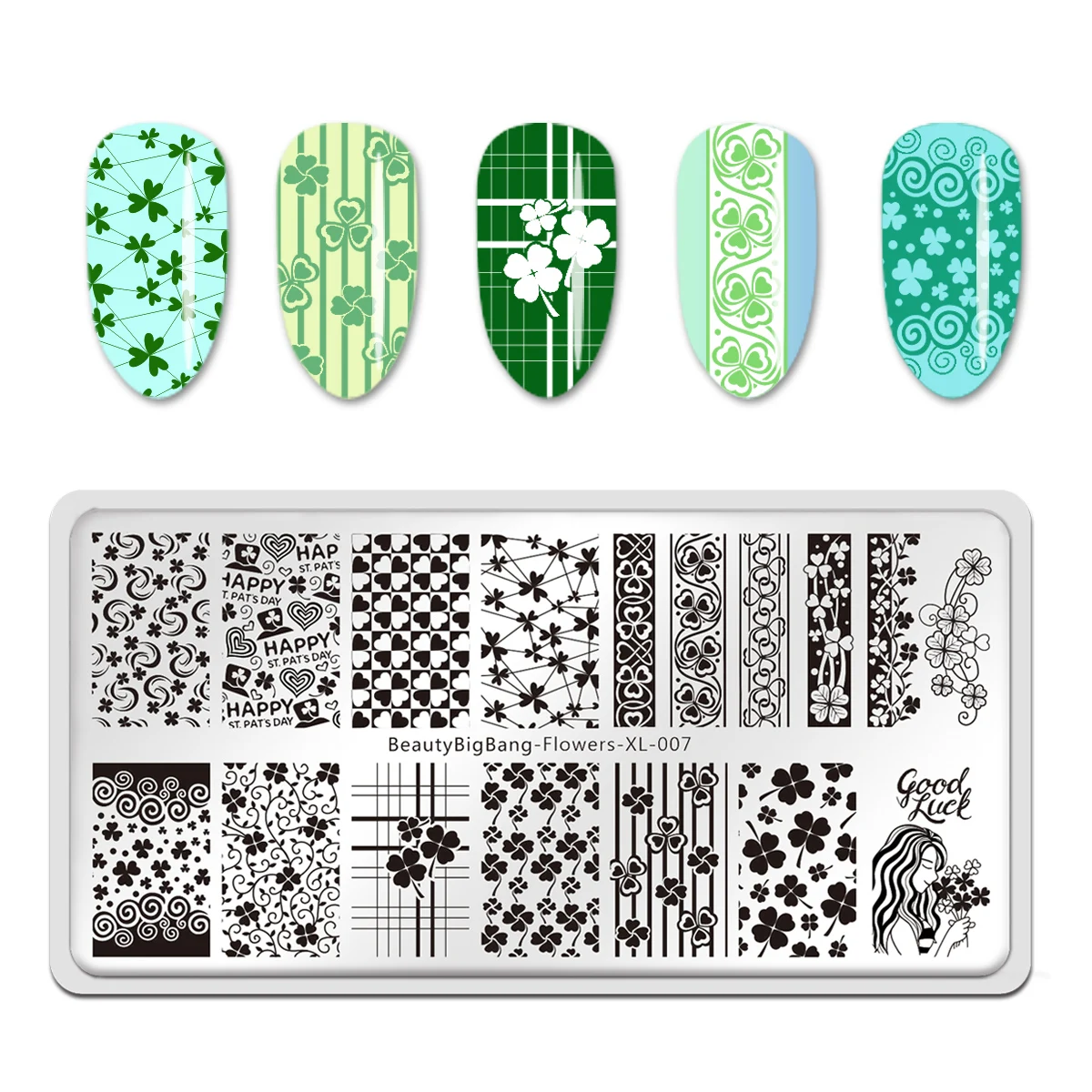 

Пластина для стемпинга ногтей День Святого Патрика четырехлистный клевер тема цветы маникюр Дизайн ногтей картина для дизайна ногтей