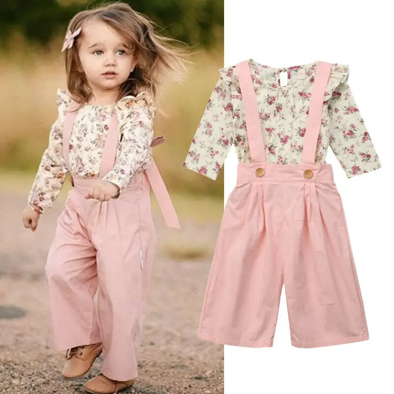 

Autumn Kids Baby Girl Clothes Floral Long Sleeve Tops T-shirt Bib Strap Overalls Pants 2pcs Outfits Cotton Casual Clothing 1-5T