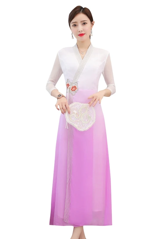 

COIGARSAM Women Long Dress Summer 2021 New Chinese Style National Wind Short Sleeve Embroidery V-Neck Purple Dresses Traf Robe