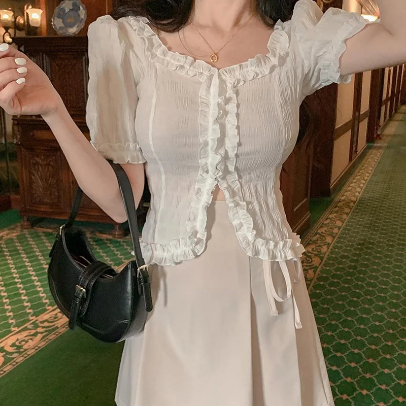 

Puff Sleeve Slim T Shirt Sexy Casual Fashion Elegant Vintage Lace T Shirt 2021 Summer Waist Short Sleeve Streetwear Women Tee