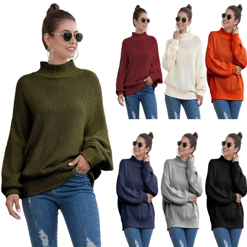 Women Batwing Long Sleeve Turtleneck Sweater Solid Color Chunky Crochet Knitted Sweatshirt Oversized Loose Jumper Tops