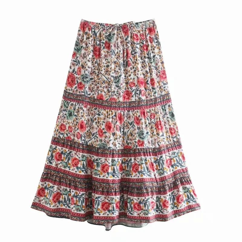 

Women Vintage Flower Printing Midi Skirt Casual Female Elastic Waist Loose Streetwear P1937