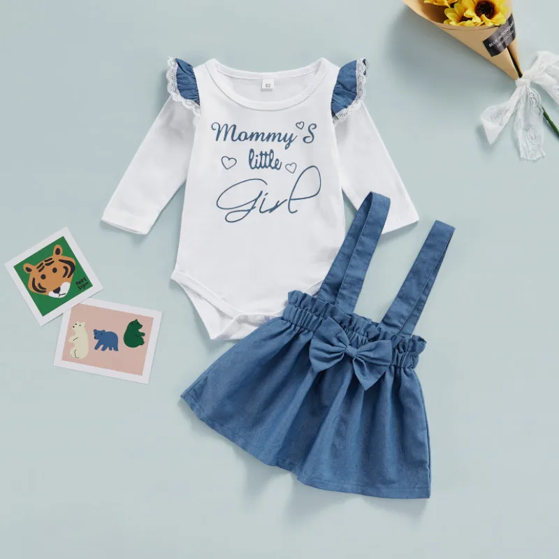 

Костюм из двух предметов для маленьких девочек s, Модный комбинезон с длинными рукавами и оборками и юбка с бантом на подтяжках