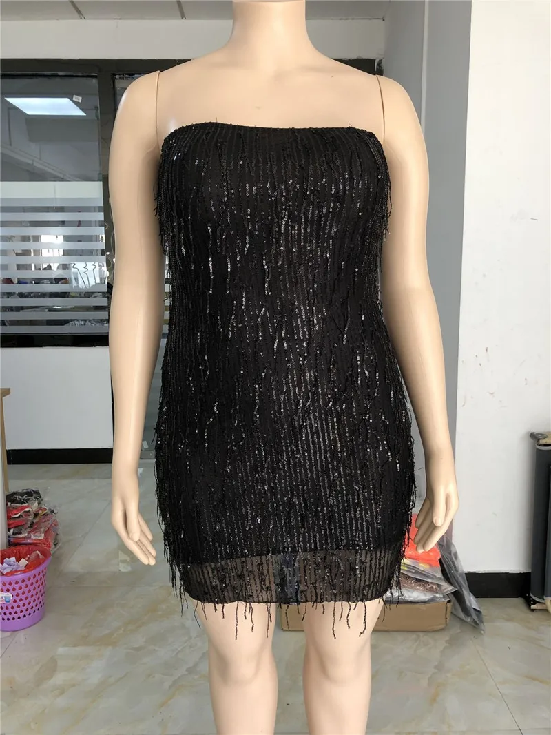 Adogirl Plus Size XL-5XL Women Tassel Sequins Strapless Mini Dress | Женская одежда
