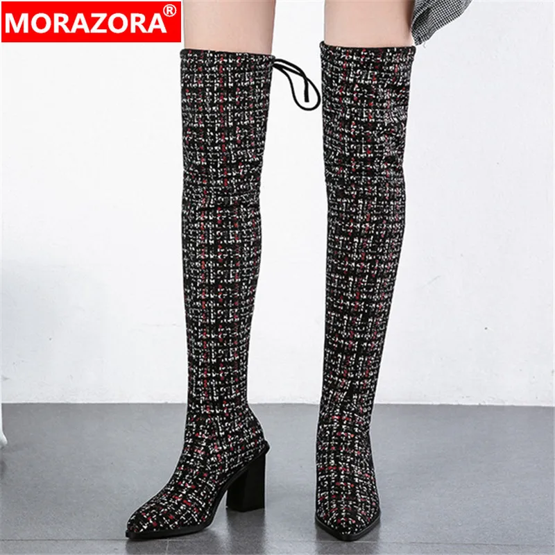 Женские сапоги выше колена MORAZORA Черные Сапоги с острым носком на высоком каблуке