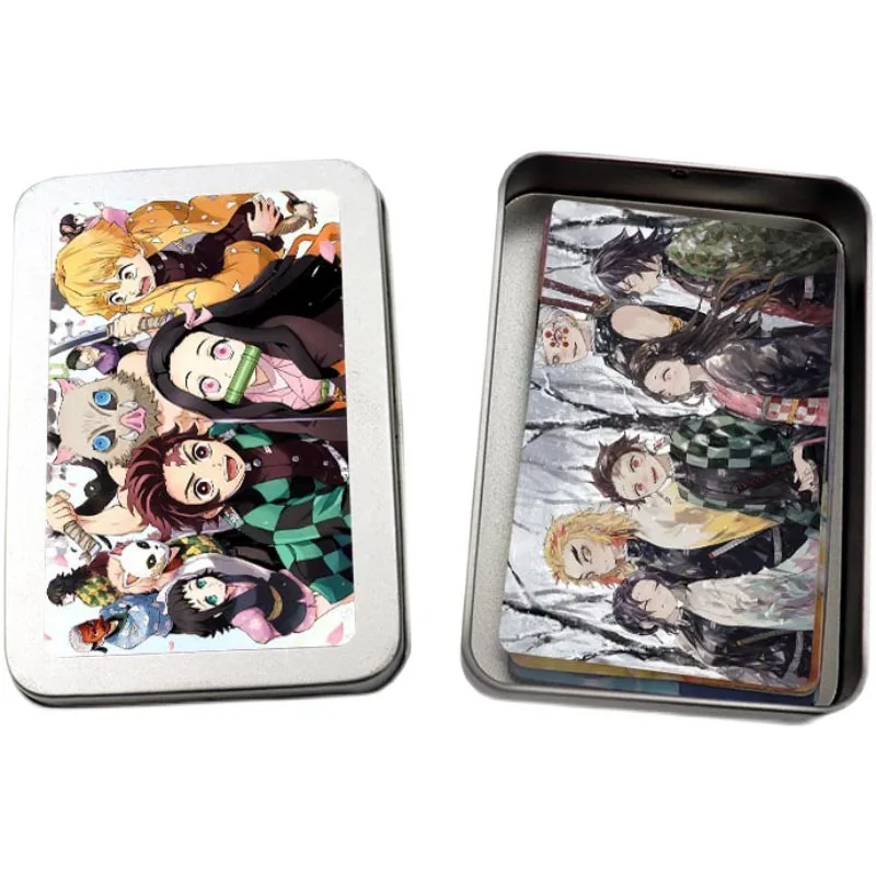 

30PCS Demon Slayer Game Cards Iron Box Tanjirouni Bean Mouth Hei Inosuke Character Table Playing Toys For Family Children Gift