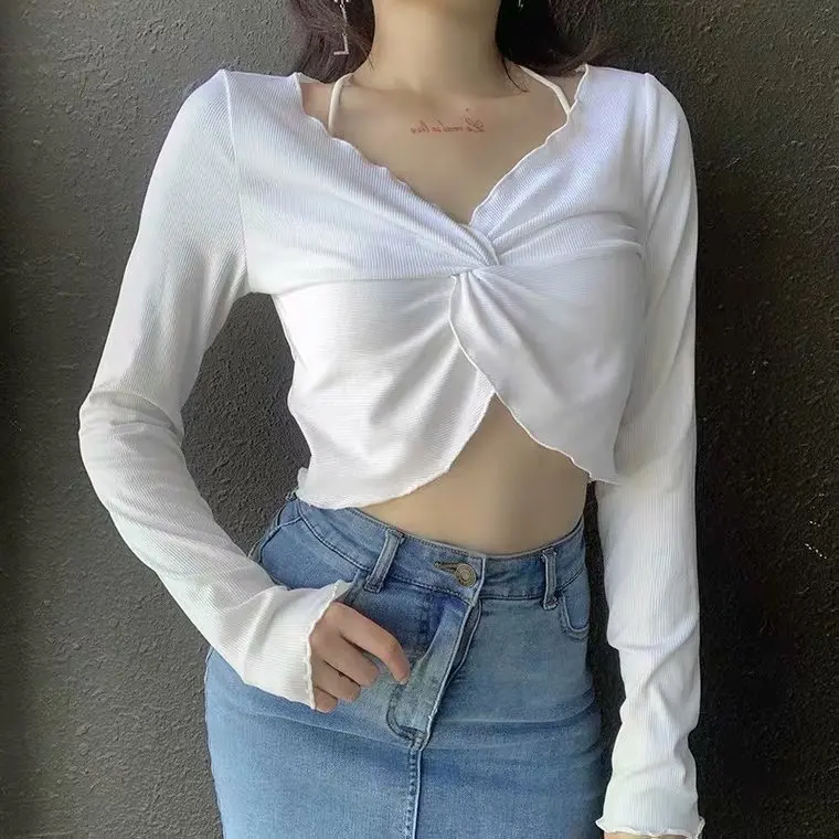 

Новинка, осенняя футболка с длинными рукавами и перекрестными узлами, привлекательный короткий топ с V-образным вырезом для девушек DLSY1668