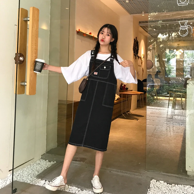 

Denim shoulder dress Korean autumn street girl style denim skirt loose suspender skirt retro pure color Hong Kong Style Dress