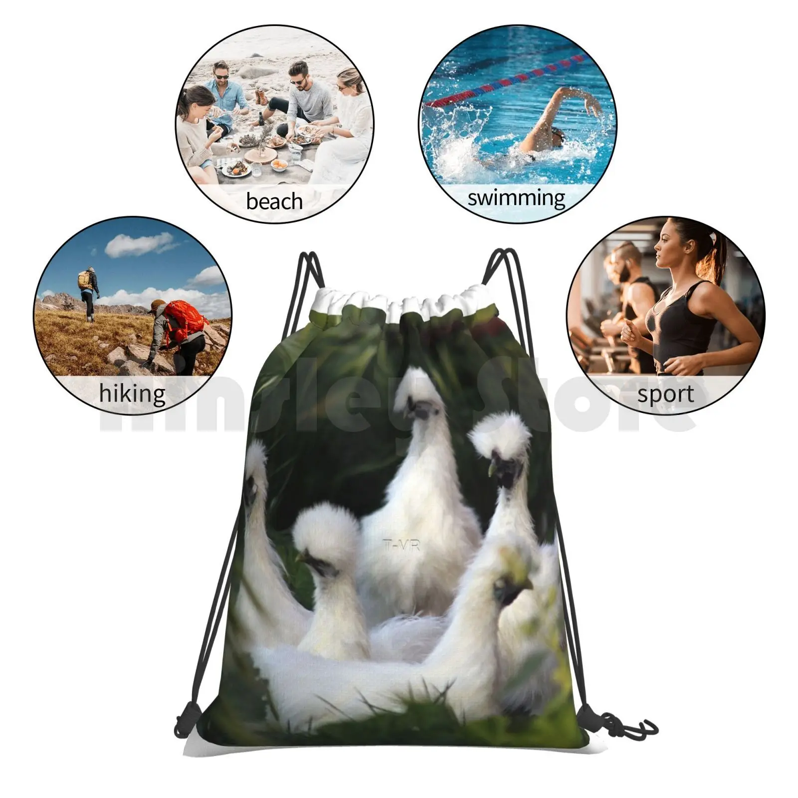 

Silkie Chickens Backpack Drawstring Bag Riding Climbing Gym Bag Chickens Animals Silkie Chickens Silkies Farm Country Fowl