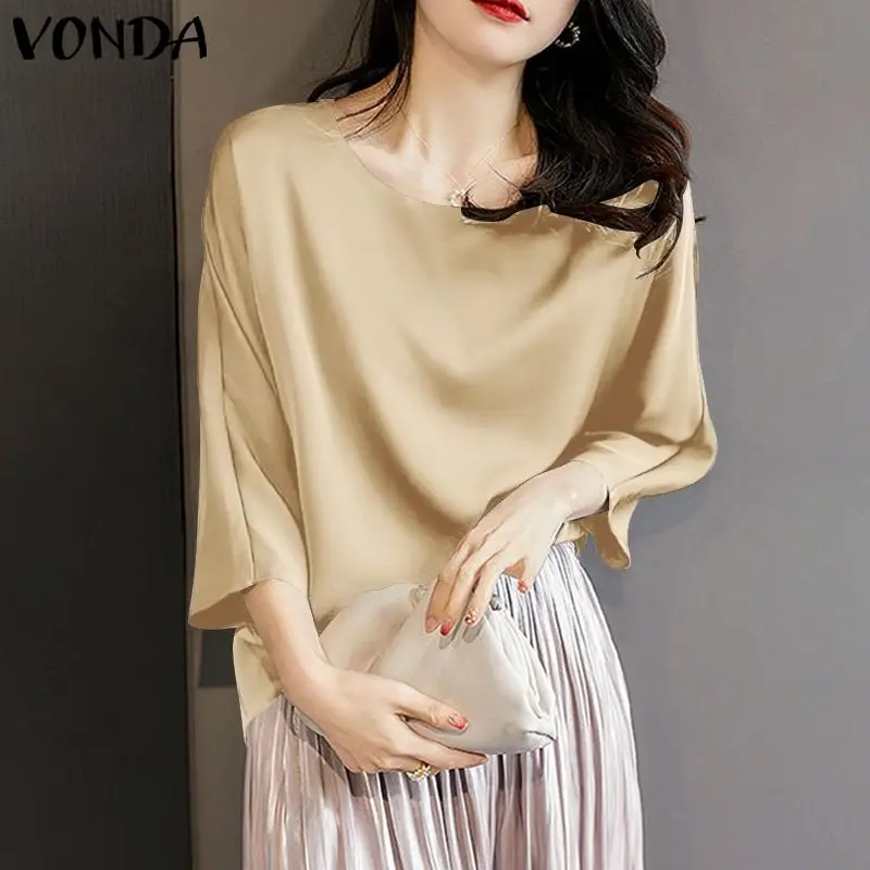 

VONDA 2022 осенние женские атласные топы, модные женские блузки с рукавом 3/4, элегантные плиссированные блузки OL с круглым вырезом
