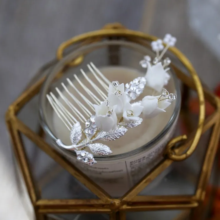 silver color Нежный фарфоровый цветок свадьба маленькая расческа волос кусок ручной работы золотой серебряный лист свадебный головной убор жемчуг украшения для волос - Окраска металла: silver color