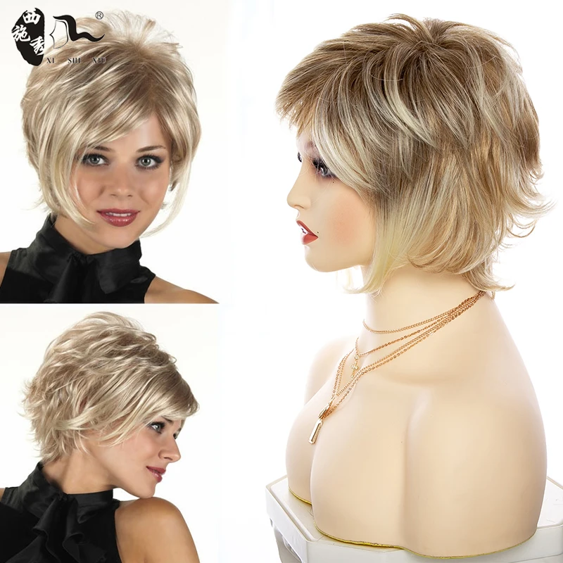 XISHIXIUHAIR Short Synthetic Blonde Straight Wave Hair Wig With Bangs For Women Style Pixie Cut Mixed Natural Hair Cosplay Wigs