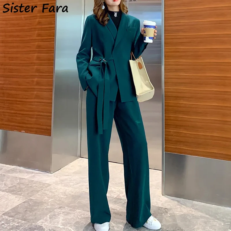 

Sister Fara Autumn Winter Elegant Women's Notched Lace Up Blazers+High Waist Straight Wide Leg Pants Office Lady Two Piece Suit