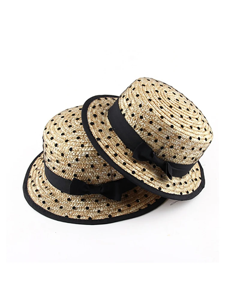

Fashion New Spring and Summer Girls Straw Hat Flat Shade Hat Yarn Wave Dot Bridesmaid Hat Beach Round Brim