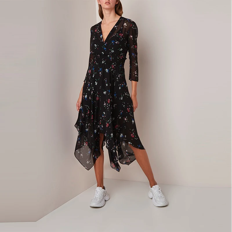 Женское асимметричное платье с v образным вырезом CAMIA черное шифоновое цветочным