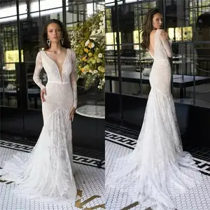 2020 Mermaid Wedding Dresses V Neck Long Sleeves Applique Lace Bridal Gowns Custom Made Backless Sweep Train Wedding Dress